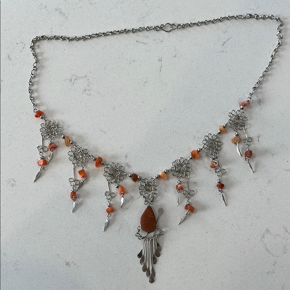 5/20$ Silver and dark Orange wood Beaded Necklace - Picture 1 of 4